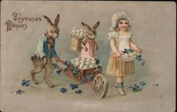 Joyeuses Pâques, Girl with Violets, Bunnies with Wheelbarrow of Eggs Postcard