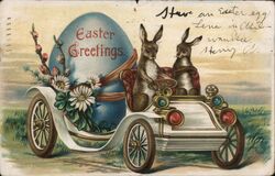 Two Easter Bunnies in Car with Giant Easter Egg Postcard