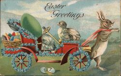 Easter Greetings, Chick and Rabbit with Flower Car Postcard