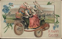 Two Bunnies in Antique Car, Happy Easter Postcard