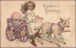 Little Girl with Easter Egg in Flower Cart Pulled by Lamb Postcard