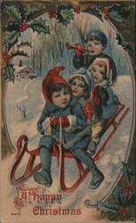 Children Sledding, A Happy Christmas Postcard