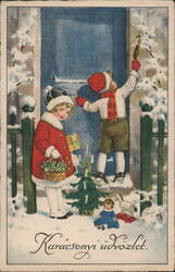 Children Decorating for Christmas, Karácsonyi üdvözlet. Postcard