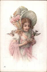 Young Girl with Bonnet, Birds, and Nest Postcard