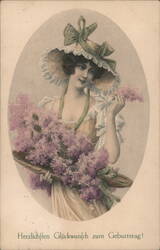 Woman with Lilacs, Birthday Greeting Postcard Postcard Postcard