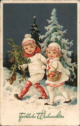 Two Children in Winter Clothes with Pine Branch and Basket of Apples Postcard