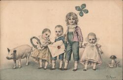 Four Children with Lucky Symbols and Pig Postcard