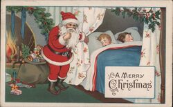 Santa Claus Whispering to Sleeping Children, Merry Christmas Postcard