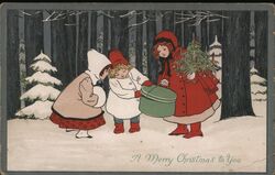 Three Girls with Christmas Tree and Present in Snowy Woods Postcard