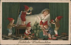 Five Christmas Elves Preparing Gifts for Sleeping Girl Postcard