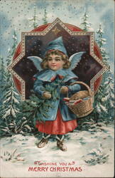 Angel Girl with Basket & Evergreen, Wishing You a Merry Christmas Postcard