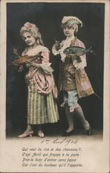 1er Avril 1904, Two Children in Costumes Holding Fish Postcard