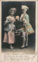 Children in French Costumes, Spring Flowers Postcard