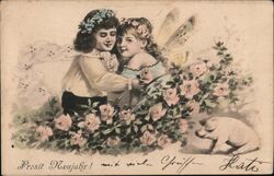 Prosit Neujahr! Children, Pig, Roses, New Year Postcard