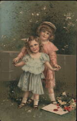 Two Young Girls Holding Hands, Valentine Greeting Postcard