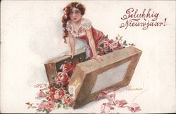 Gelukkig Nieuwjaar! Woman Emerging from Box of Roses Postcard