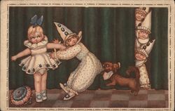 Three Children Dressed as Clowns with Dog on Stage Postcard