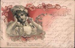 Gruss Aus Woman with Flower, Fancy Border Postcard