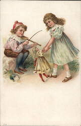 Boy Plays Violin for Girl and Doll Postcard