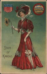 Woman in Red Dress with Sunflower, Kansas State Seal Postcard