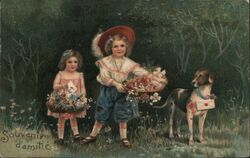 Two Children with Flower Baskets and Dog with Letter Postcard