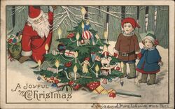 Santa, Children and Christmas Tree with Presents Postcard