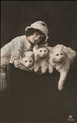 Girl with Two White Cats, Postcard 1917 Postcard