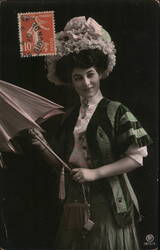 Woman with Parasol and Handbag, French Postcard Postcard