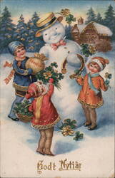 Godt Nyttår - Happy New Year - Children & Snowman with Lucky Charms Postcard