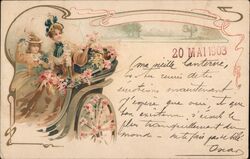 Two Women in Horse-Drawn Carriage with Flowers Postcard