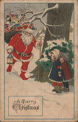 Santa Claus with sack of toys, two children hiding Postcard