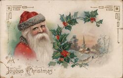 Santa Claus, Holly Sprigs & Winter Church Scene Postcard