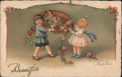 Bonne Fete, Boy & Girl with Basket of Roses Birthday F. Sands Brunner Postcard Postcard Postcard