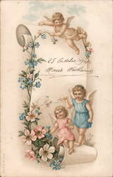 Two Cherubs & Forget-Me-Nots on Ivory Scroll, Pink Roses Postcard