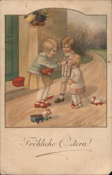 Three Children Sharing Easter Treats, Vintage Postcard With Children Pauli Ebner Postcard Postcard