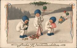 Three Children in Snowsuits with Christmas Presents Postcard