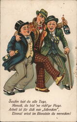 Three Men Drinking, Humorous German Postcard Postcard Postcard