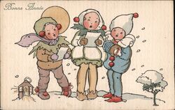 Three children singing carols, Bonne Année Postcard