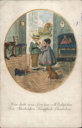 Children with Toys, Dog, Antique German Postcard Postcard