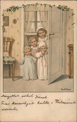 Four Children in Nightgowns at Doorway Postcard