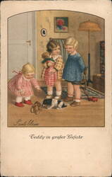 Teddy in großer Gefahr - Children with Teddy Bear and Puppy Postcard