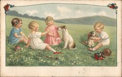 Four Children and Two Dogs in a Field Postcard