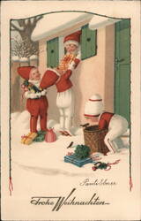 Three Christmas Elves Delivering Presents Postcard