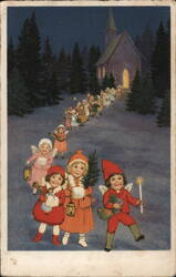 Three Angels with Gifts, Procession to Church, Froliche Weihnachten Children Postcard Postcard Postcard