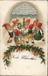 Seven Christmas Gnomes under a Parasol Postcard Postcard Postcard