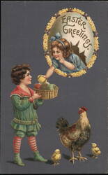 Easter Greetings, Boy Giving Girl Easter Eggs, Hen & Chicks Postcard