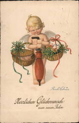 Cherub with Umbrella, Baskets, Pig, New Year's Postcard Postcard