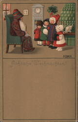 Froliche Weihnachten! Children Visiting Santa Claus Postcard