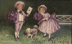 Boy & Girl with Violets and Dog, Best Wishes Postcard