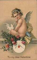 Cherubic Cupid with Dove, Target, Roses, "To my dear Valentine" Postcard